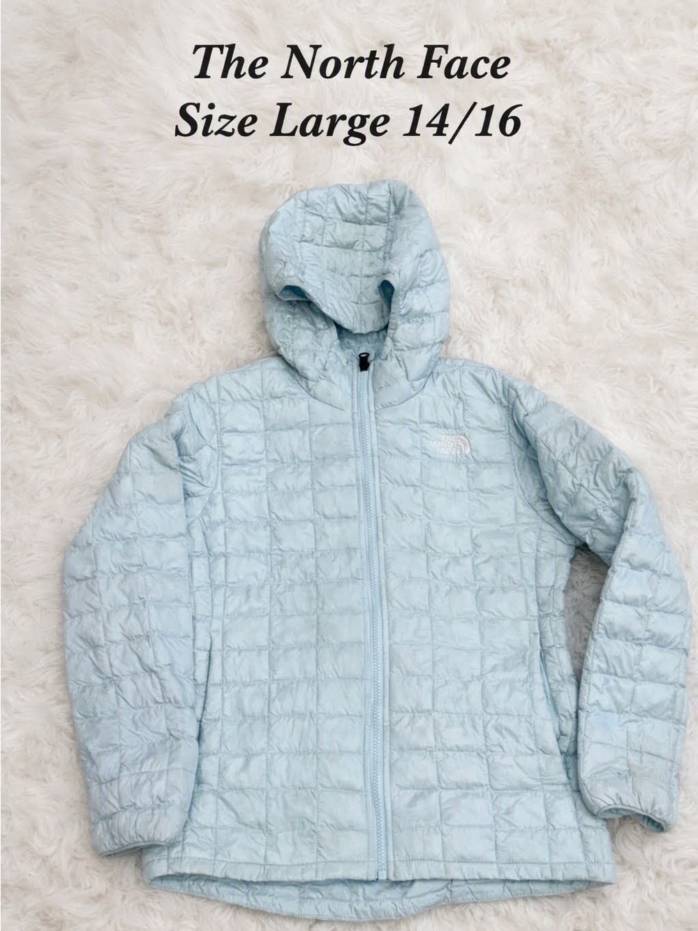 The North Face Girls Light Blue Quilted Hooded Jacket Size Large 14/16